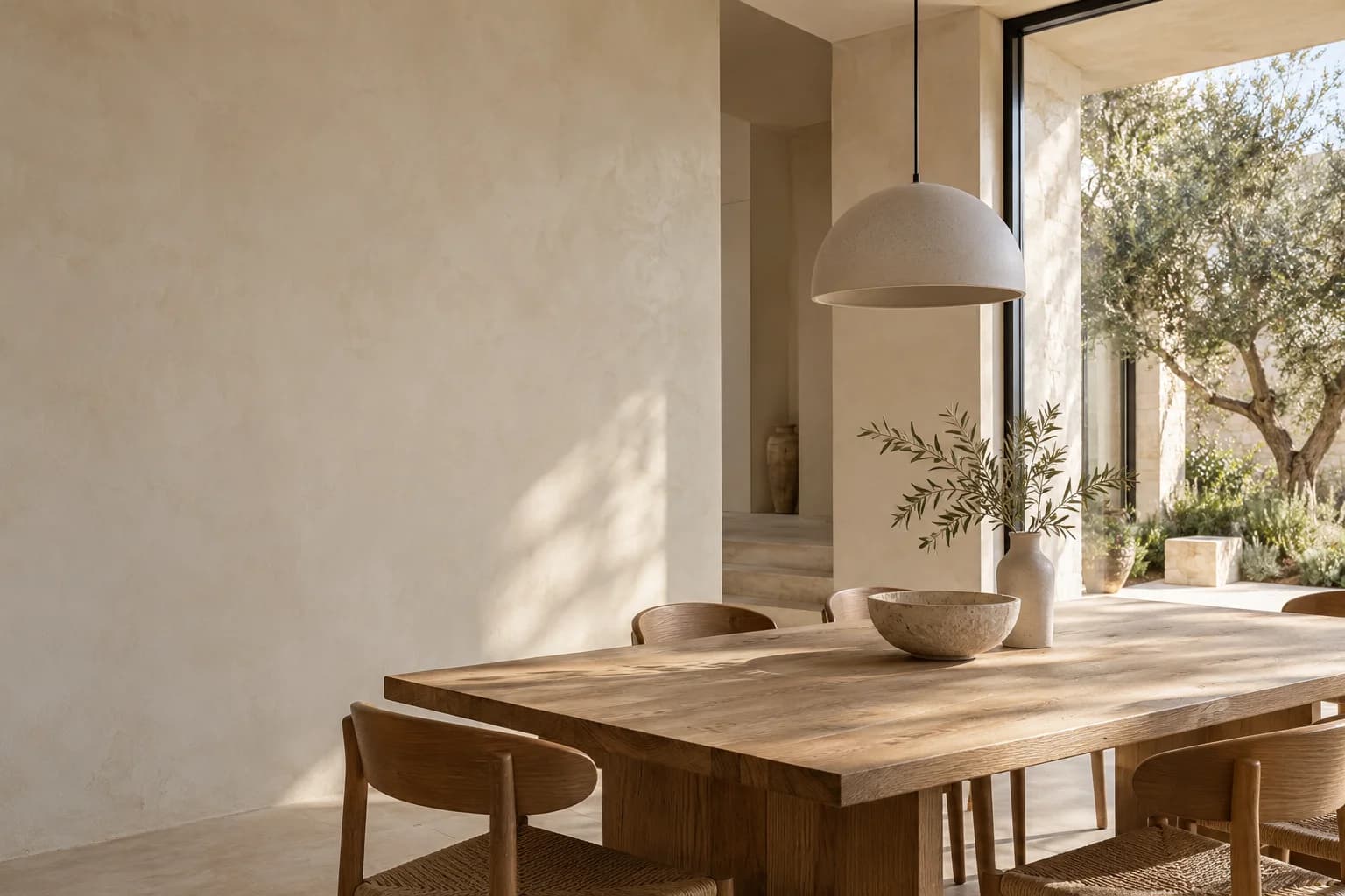 Sunlit interior with an oak dining table, limestone walls and an olive tree outside